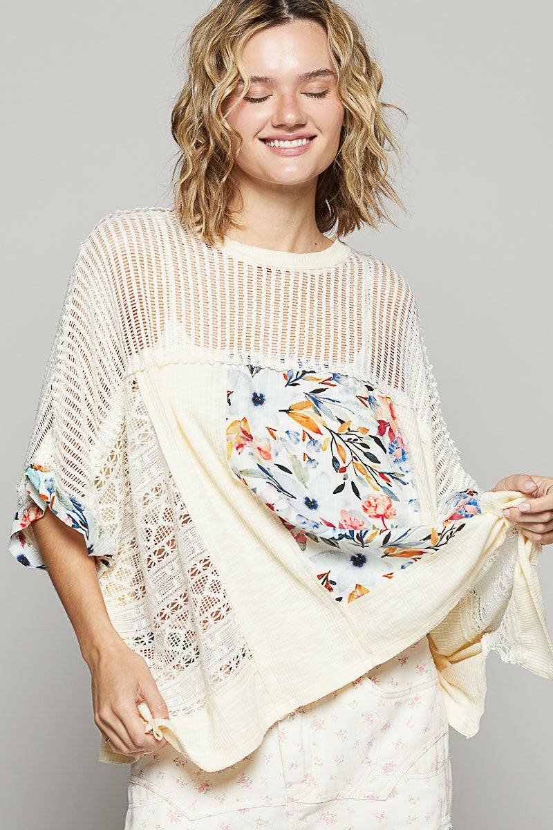 POL Hollow Out Floral Pattern Half Sleeves Raw Edge Oversized Knit Top | Cream