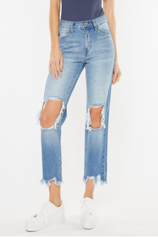 KanCan High Rise Chewed Up Hem Distressed Knee Mom Jeans