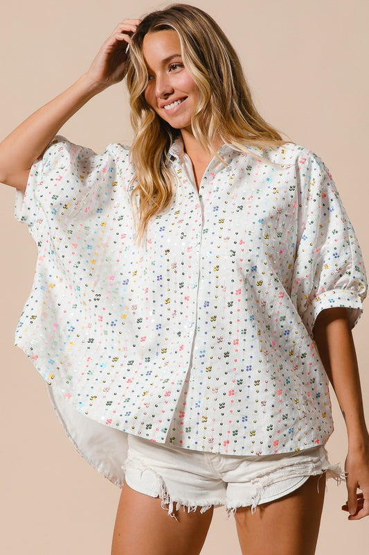 BiBi Sequin Striped Pattern Dolman Sleeves Buttoned Oversized Blouse | Off White