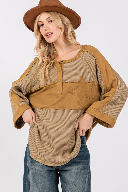 SAGE + FIG Star Applique Patch Exposed Seam Waffle Knit Oversized Top | Olive