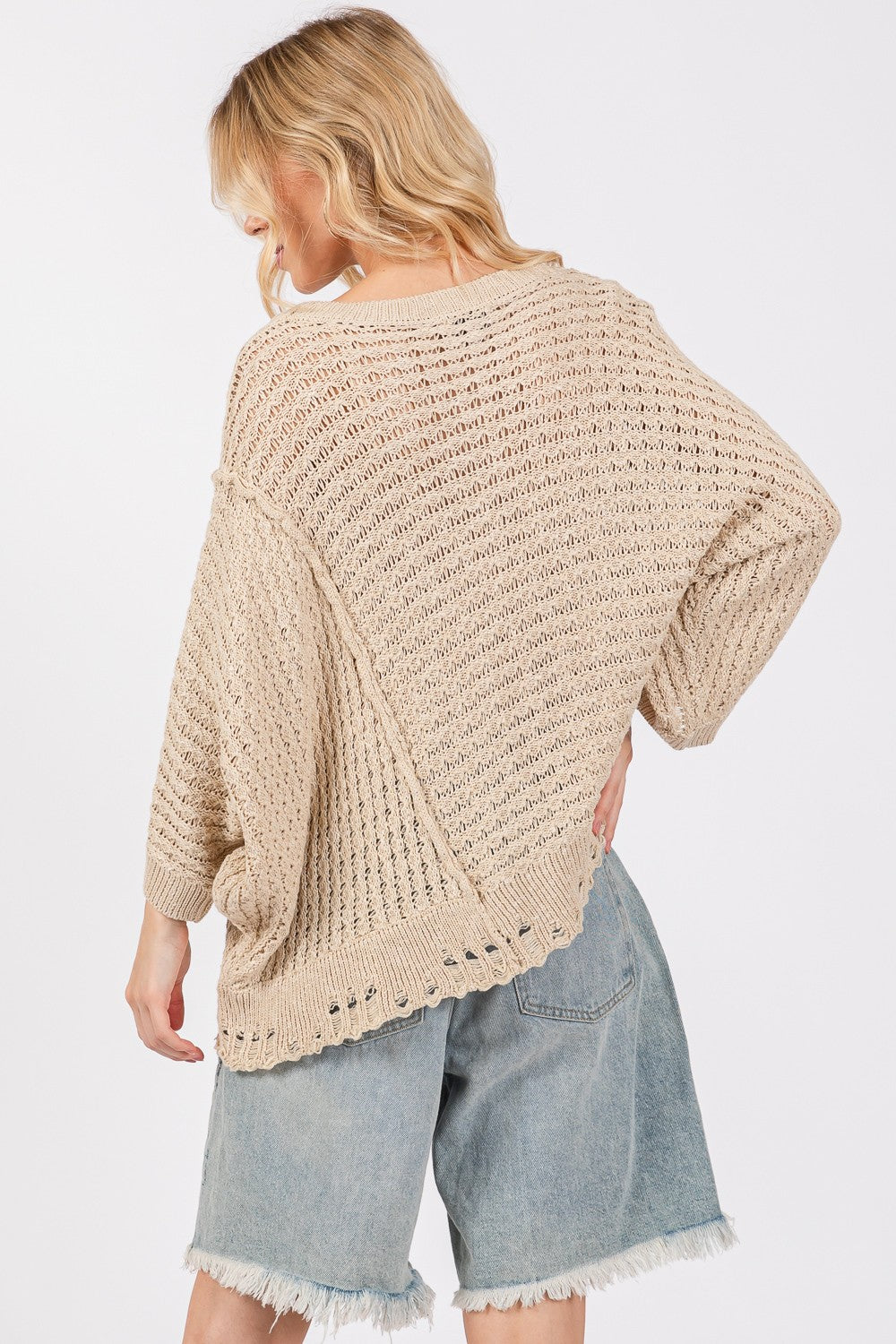 SAGE + FIG Distressed Asymmetrical Open Stitch Long Sleeves Sweater | Mushroom