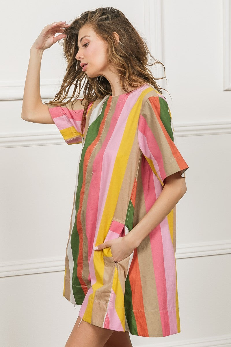 BiBi Multi Stripe Woven Side Pockets Back Key Hole Flared Mini Dress | Mustard