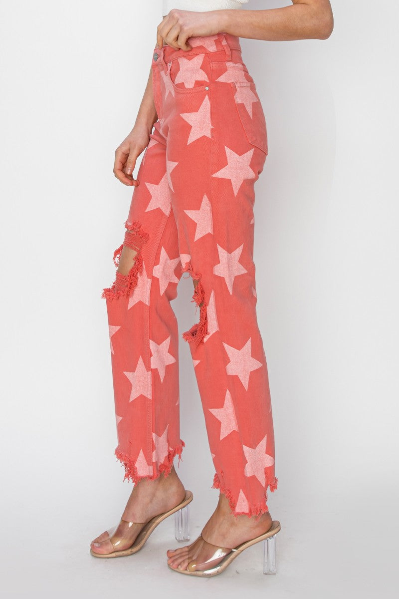 RISEN Full Size Distressed Raw Hem Star Pattern Peach Blossom Straight Jeans