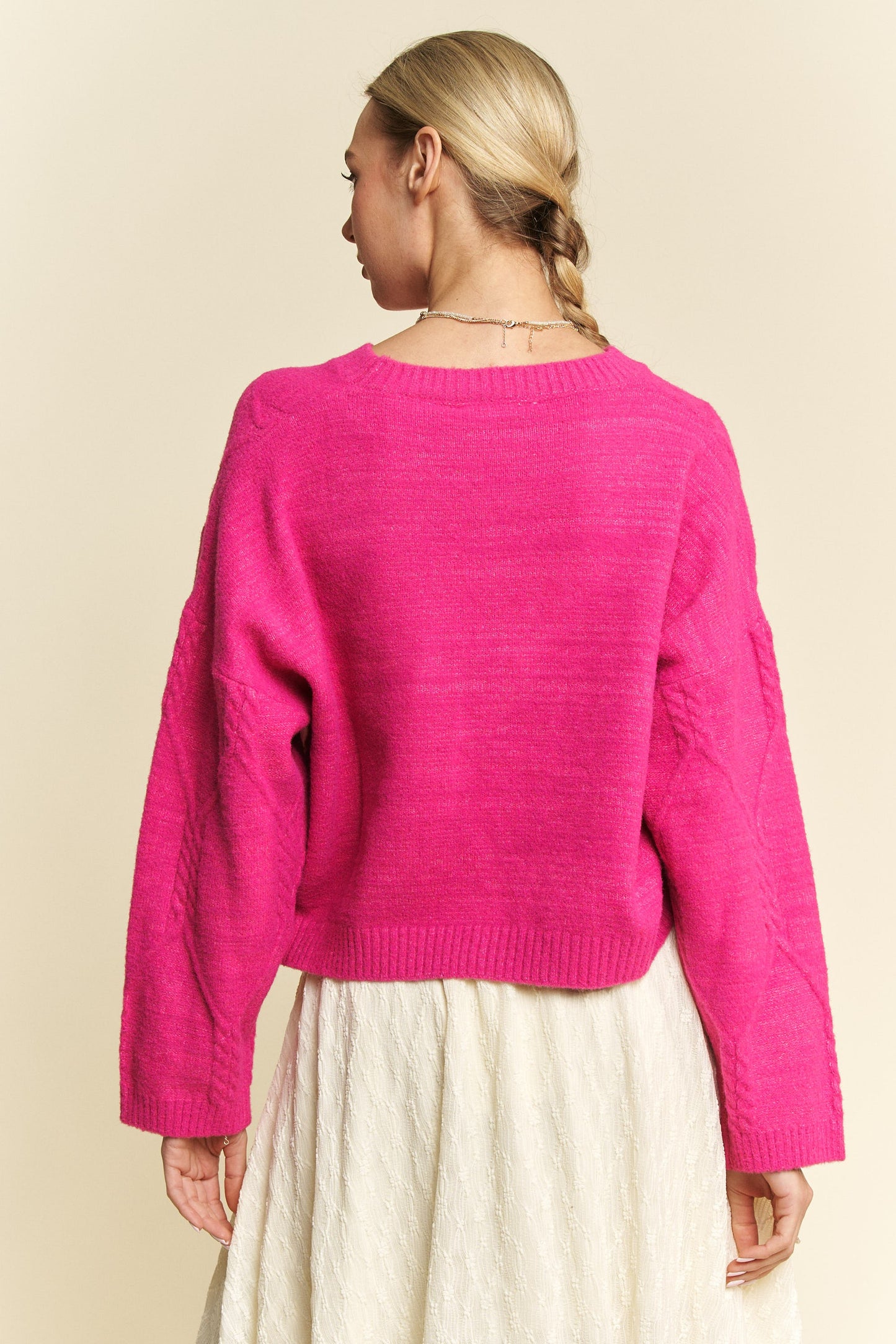 Davi & Dani Diamond Cable Pattern Drop Shoulder Cropped Knit Sweater | Pink