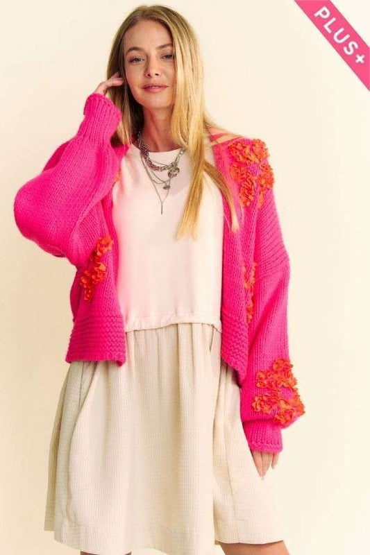 Davi & Dani Floral Applique Open Front Long Sleeves Bulky Cardigan | Hot Pink