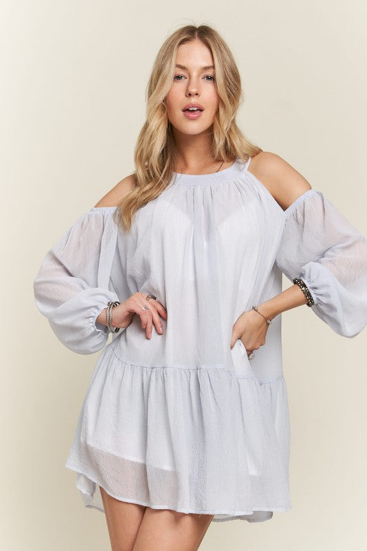 ADORA Cold Shoulder Crinkle Ruffle Hem Balloon Sleeves Babydoll Dress | Blue