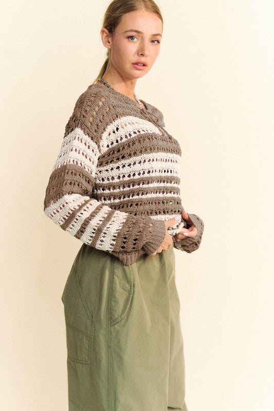 Davi & Dani Contrast Striped Crochet Tie Ribbon Loose Fit Knit Sweater | Taupe