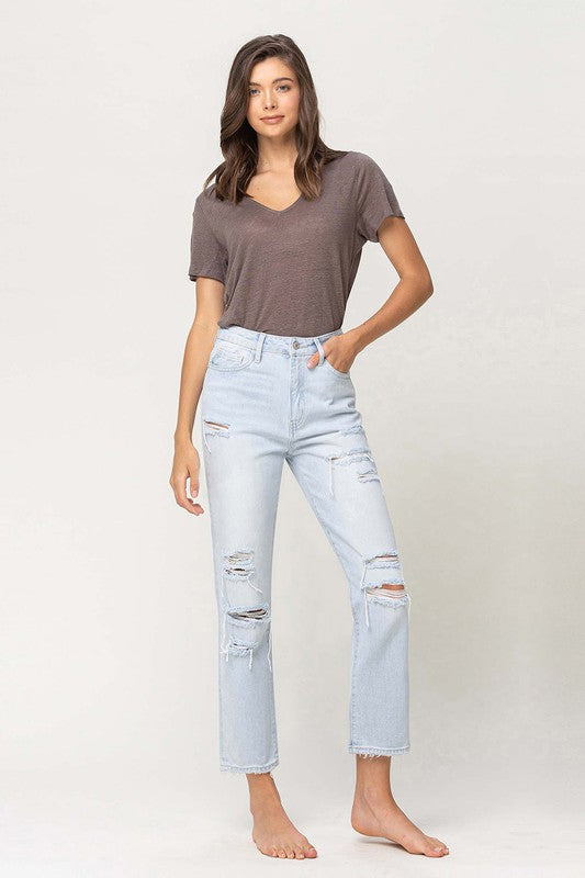 VERVET Youth Super High Rise Distressed Cropped Straight Jeans in Light Wash