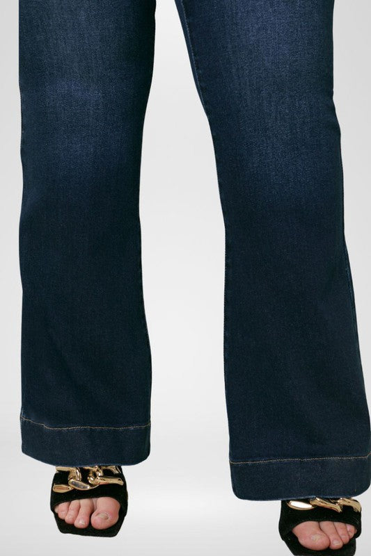 KanCan As Shown Plus High Rise Stretch Wide Hem Dark Wash Flare Denim Jeans