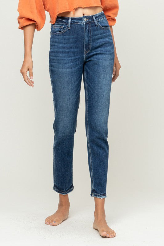 VERVET River Run High Rise Deconstructed Hem Zip Fly Stretch Mom Jeans