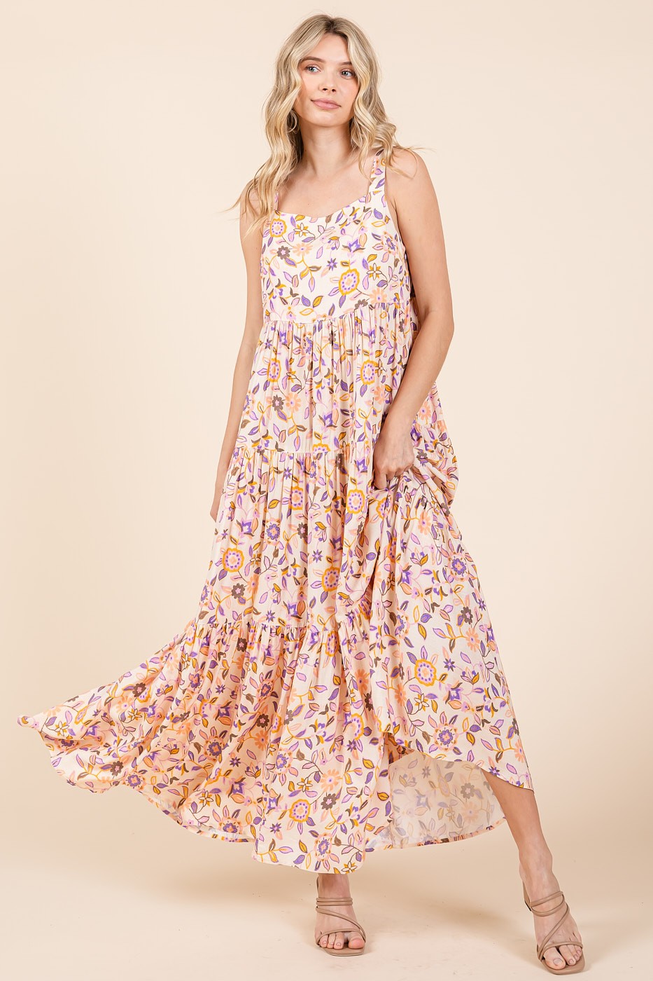 Mittoshop Flower Print Tiered Square Neck Sleeveless Empire Maxi Dress | Sherbet