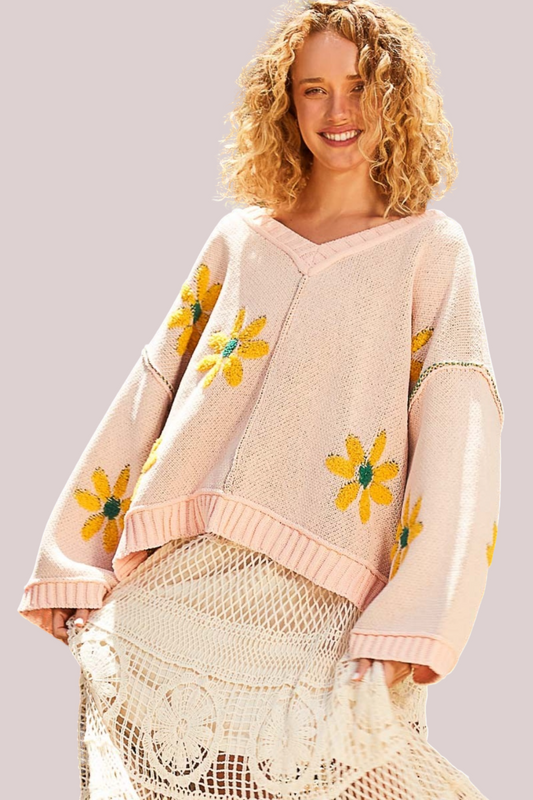 POL V-Neck Floral Pattern Chenille Long Sleeves Pullover Sweater | Pink Mojito