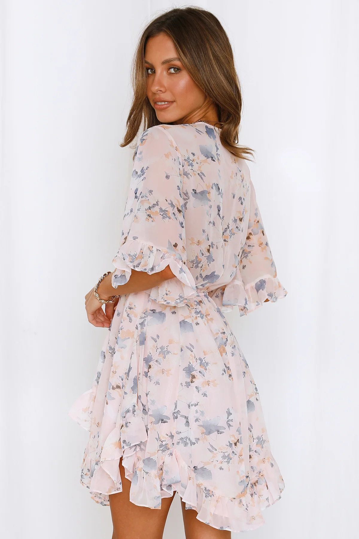 ONE & ONLY Floral Printed Flutter Half Sleeved Ruffled Mini Dress