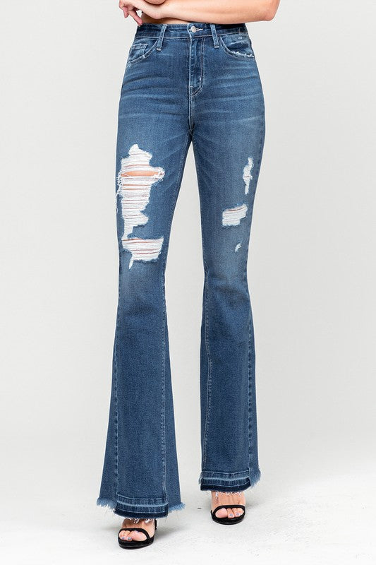 Flying Monkey Farewell High Rise Distressed Flare Jeans with Insert Panel Design