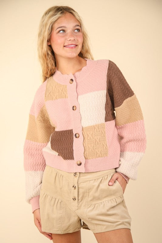 VERY J Color Block Button Down Textured Knit Cropped Sweater Cardigan | Blush