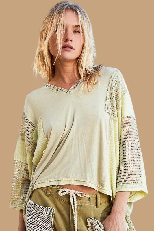 POL Boho Oversized High-Low Hem Contrast V-Neck Half Sleeves Top | Pistachio