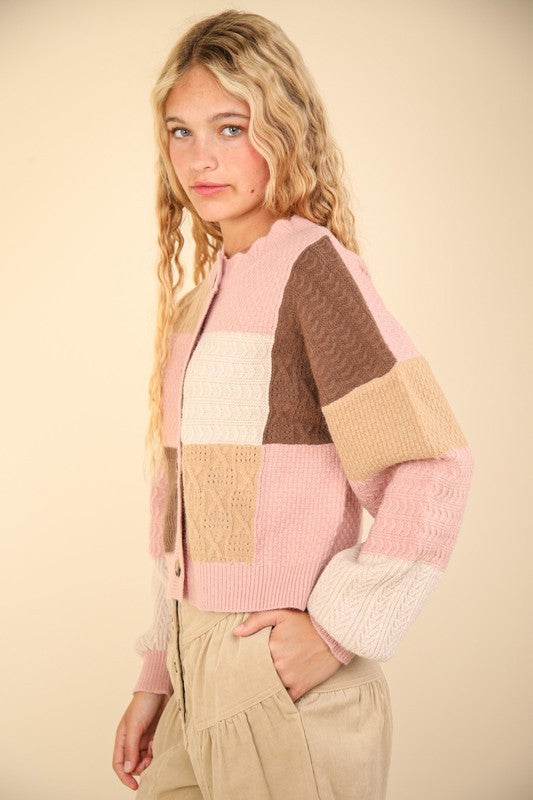 VERY J Color Block Button Down Textured Knit Cropped Sweater Cardigan | Blush