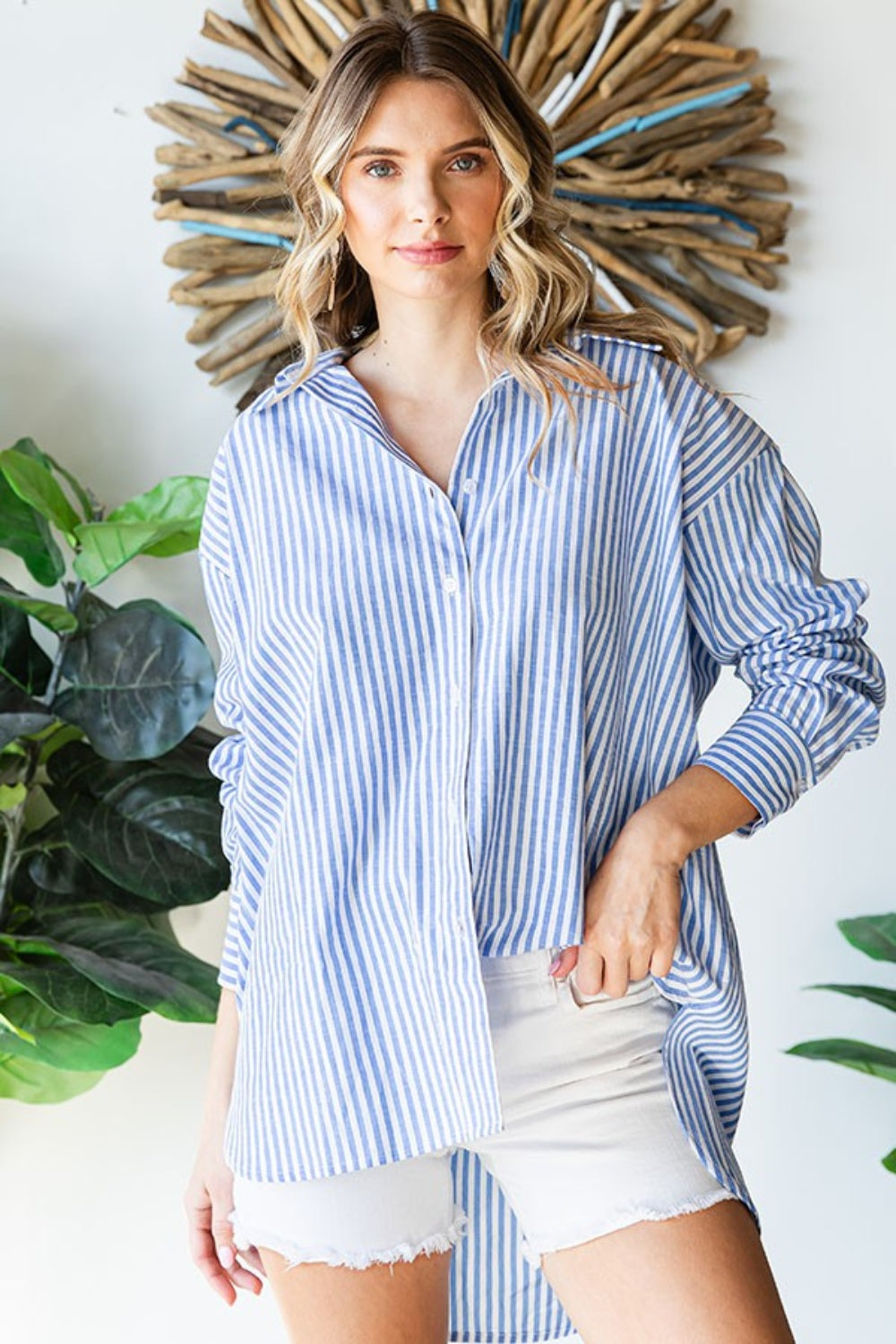 First Love Striped Button Down High-Low Hem Long Sleeves Oversized Shirt | Blue