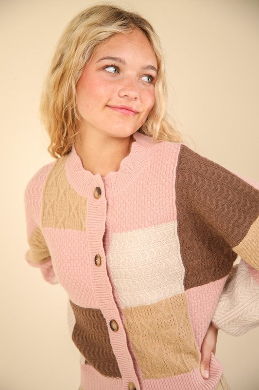 VERY J Color Block Button Down Textured Knit Cropped Sweater Cardigan | Blush