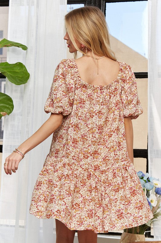 ADORA Floral Square Neck Puff Sleeve Dress |Orange