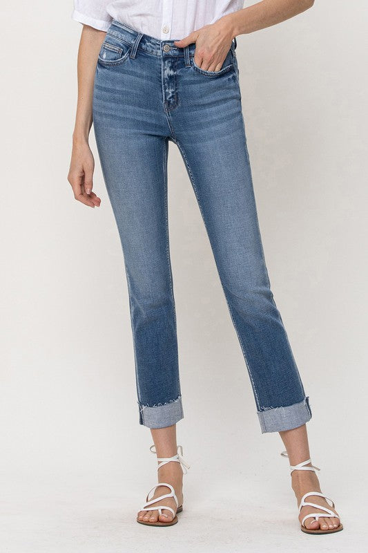Flying Monkey Janet Mid Rise Single Cuffed Cropped Slim Straight Jeans