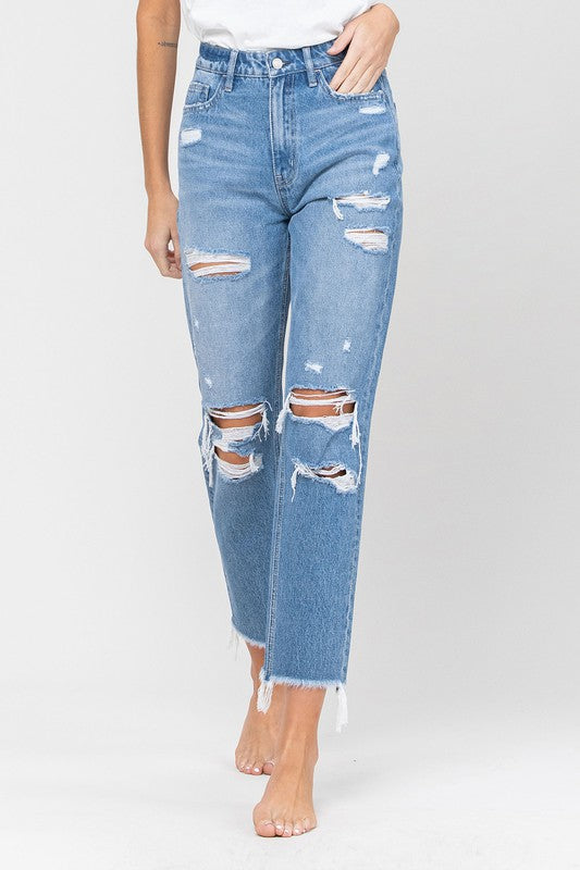 VERVET Billie High Rise Distressed Raw Hem Zipper Fly Cropped Mom Jeans