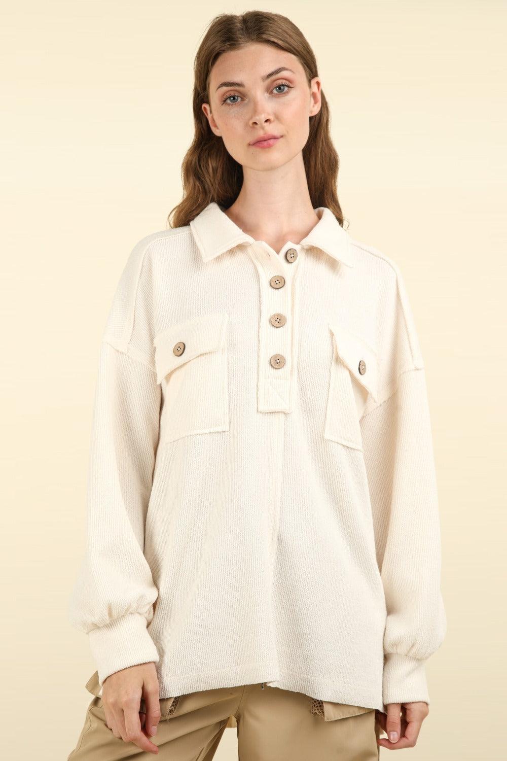 VERY J Collared Half Button Up Front Chest Pockets Oversized Knit Top | Cream