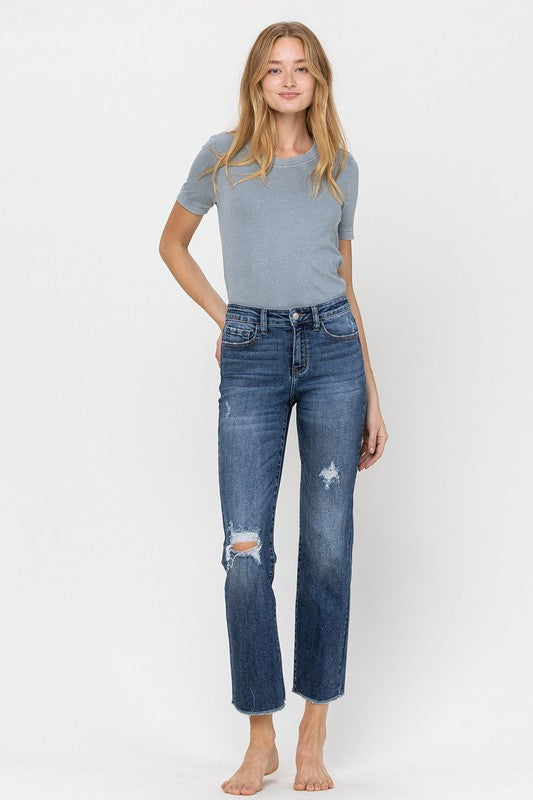 VERVET Constance Mid Rise Distressed Stretch Relaxed Ankle Straight Jeans