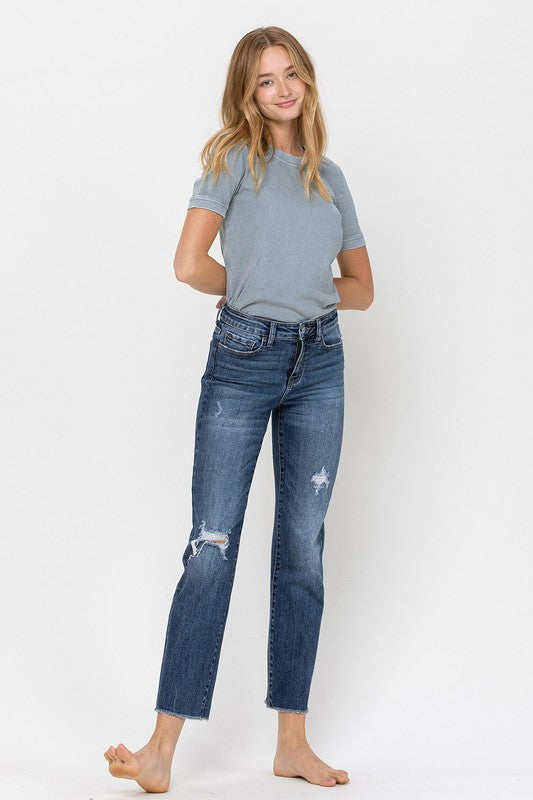 VERVET Constance Mid Rise Distressed Stretch Relaxed Ankle Straight Jeans