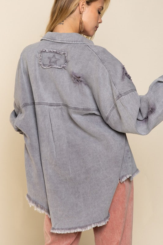 POL Fringe Detail Distressed Oversized Fit Jacket with Pockets