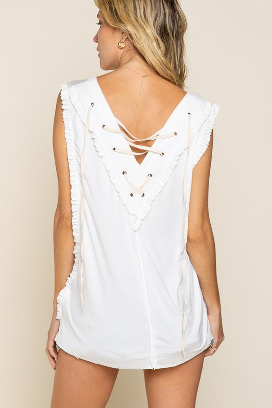 POL Criss Cross Lace Up Open Back V-Neck Ruffle Detail Pocket Tank Top