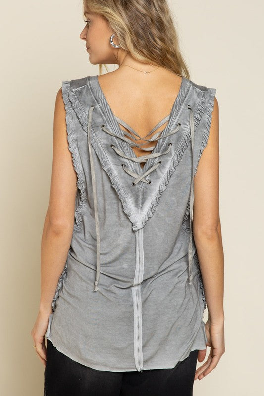 POL Criss Cross Lace Up Open Back V-Neck Ruffle Detail Pocket Tank Top