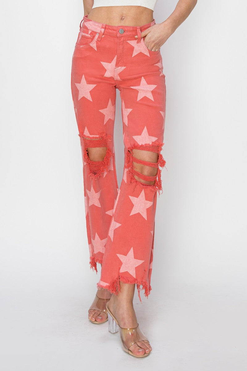 RISEN Full Size Distressed Raw Hem Star Pattern Peach Blossom Straight Jeans