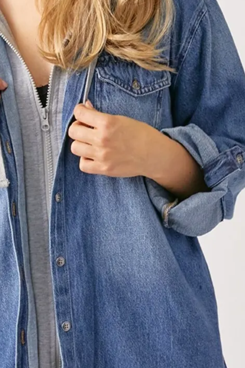 RISEN Oversized Long Sleeves Zip Up Pockets Dark Wash Hooded Denim Shirt