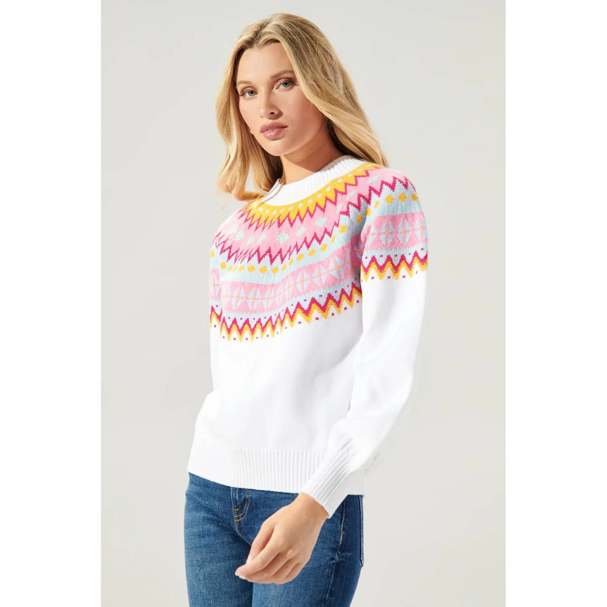 Threaded Pear Avery Ethnic Geometric Print Drop Shoulder Relaxed Sweater | White