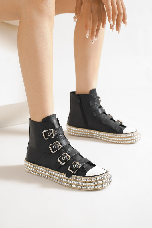 Beast Fashion Multi Buckle Straps Studded Platform Espadrille Sneakers | Black