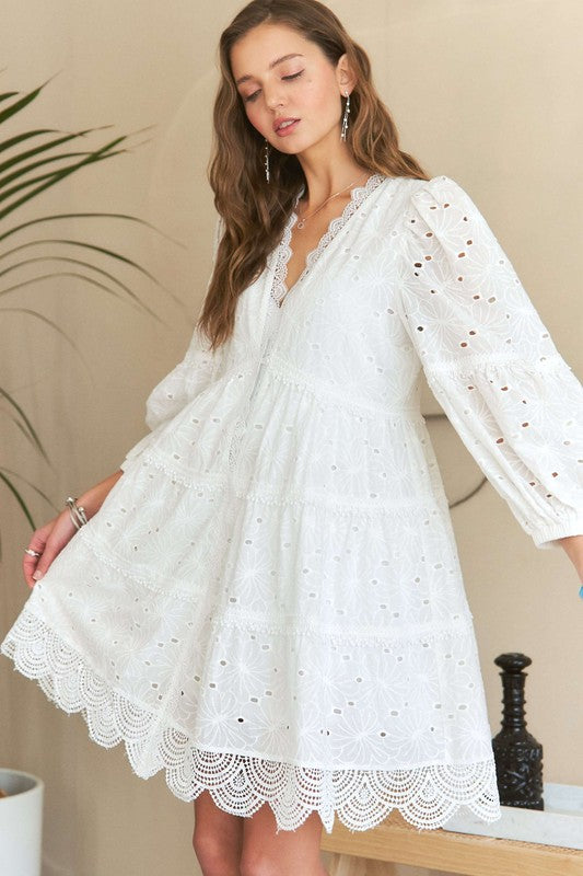 ADORA Lace Detail Tiered Eyelet V-Neck Babydoll Dress | White