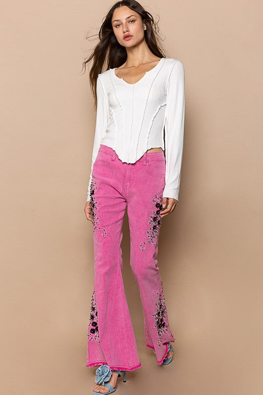 POL Slim Fit Raw Hem Embroidered Detail Stretch Flare Denim Jeans | Hot Pink