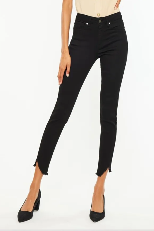 KanCan High Rise Waist Frayed Hem Ankle Slit Detail Stretch Black Skinny Jeans