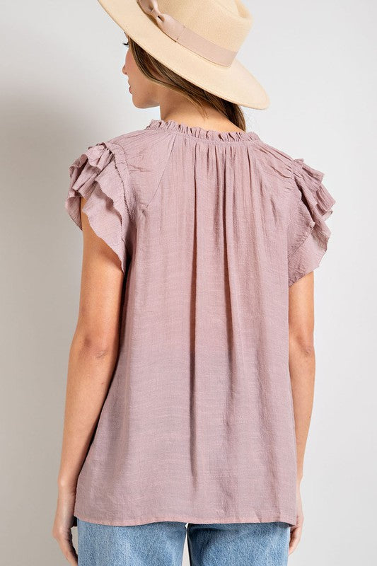 EESOME Tiered Ruffle Sleeves V-Neck Tie Detail Blouse