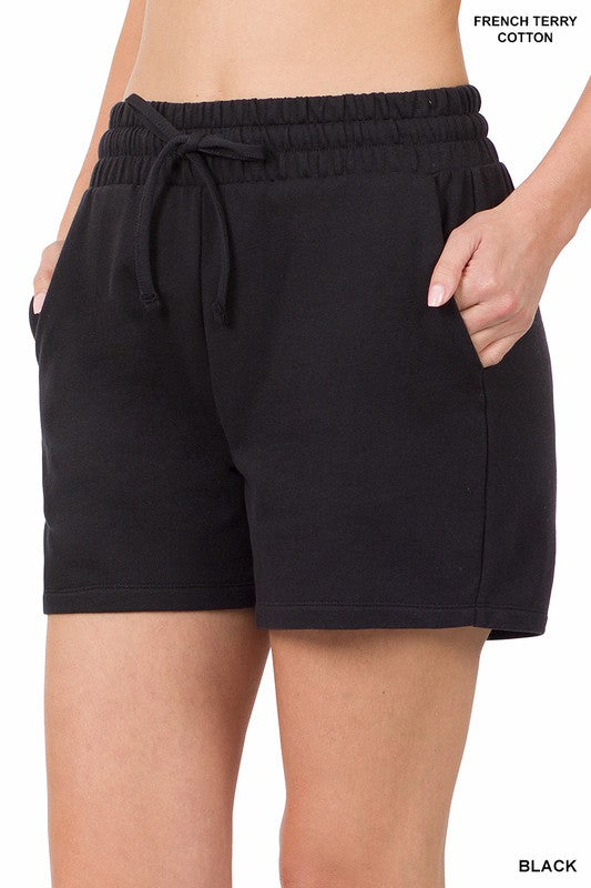 ZENANA French Terry Drawstring Waist Shorts with Side Pockets