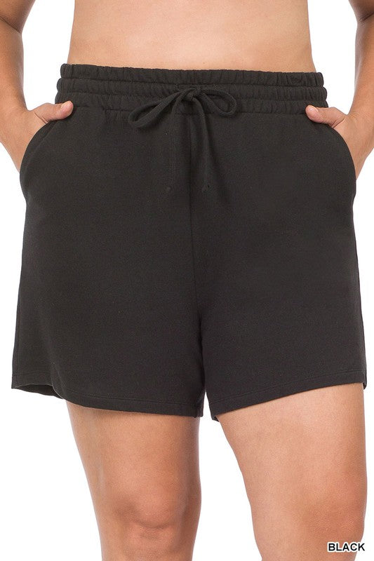 ZENANA Plus French Terry Drawstring Waist Shorts with Pockets