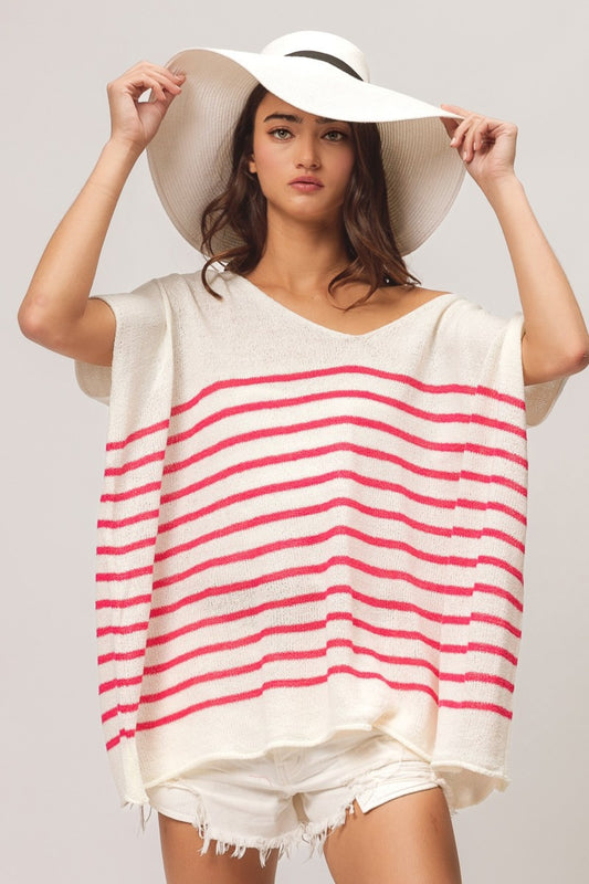 BiBi V-Neck Striped Pattern Short Dolman Sleeves Oversized Top | Fuchsia