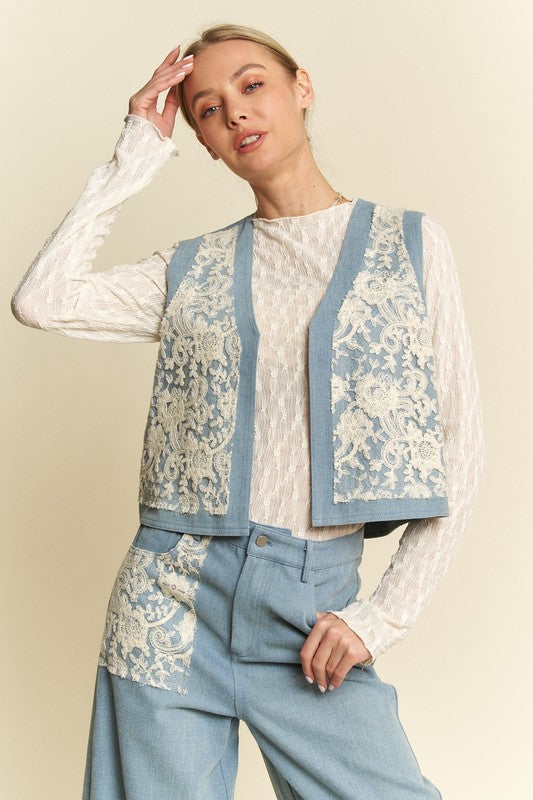 Davi & Dani Casual Textures Lace Patch Detail Open Front Denim Vest | Light Blue