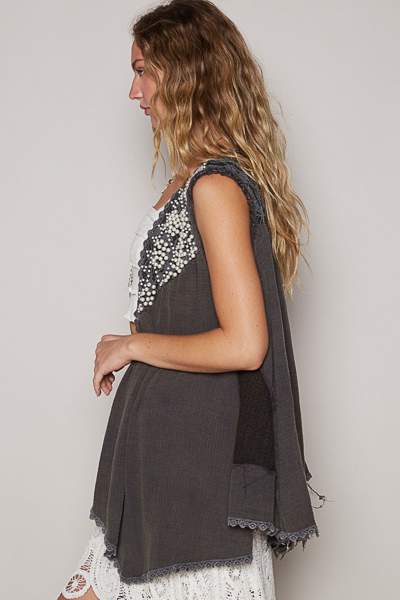 POL Embroidered Pearl Detail Layering Open Front Sleeveless Cardigan | Apricot