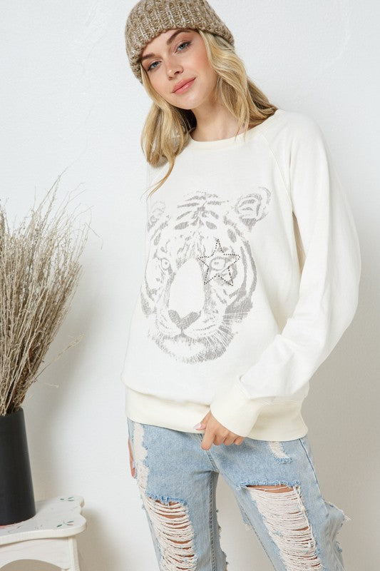 BLUE B French Terry Tiger Studded Star Graphic Sweatshirt