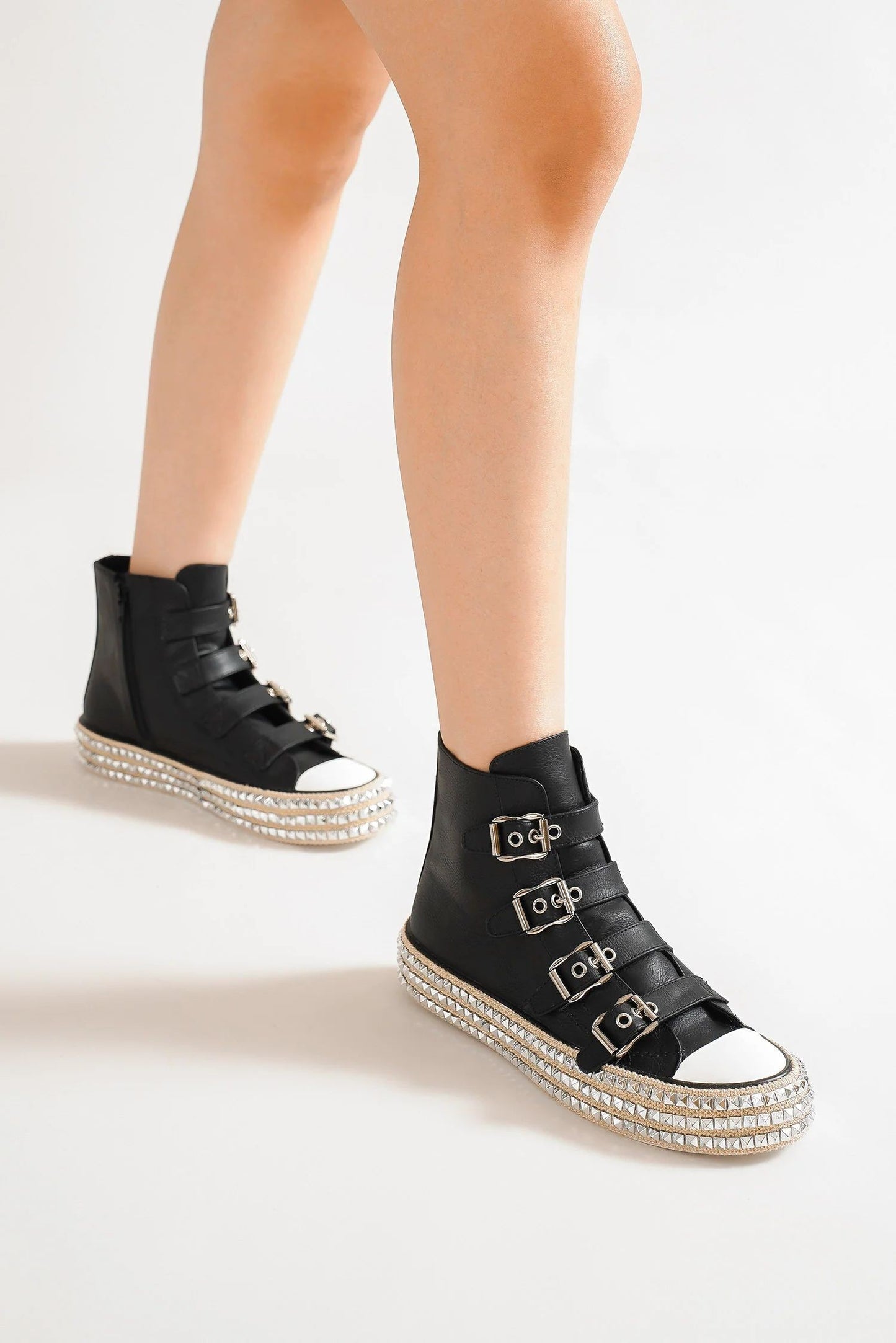 Beast Fashion Multi Buckle Straps Studded Platform Espadrille Sneakers | Black