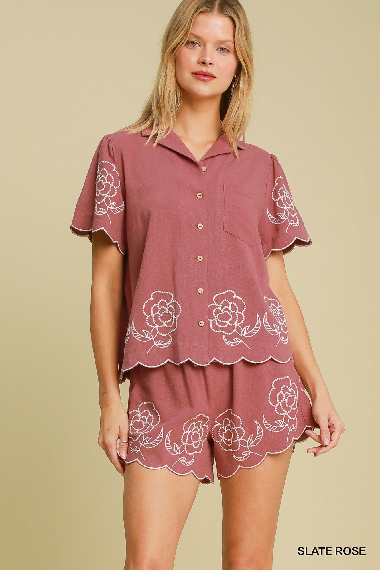 Umgee Linen Blend Floral Embroidered Elastic Waist Side Pockets Shorts | Rose