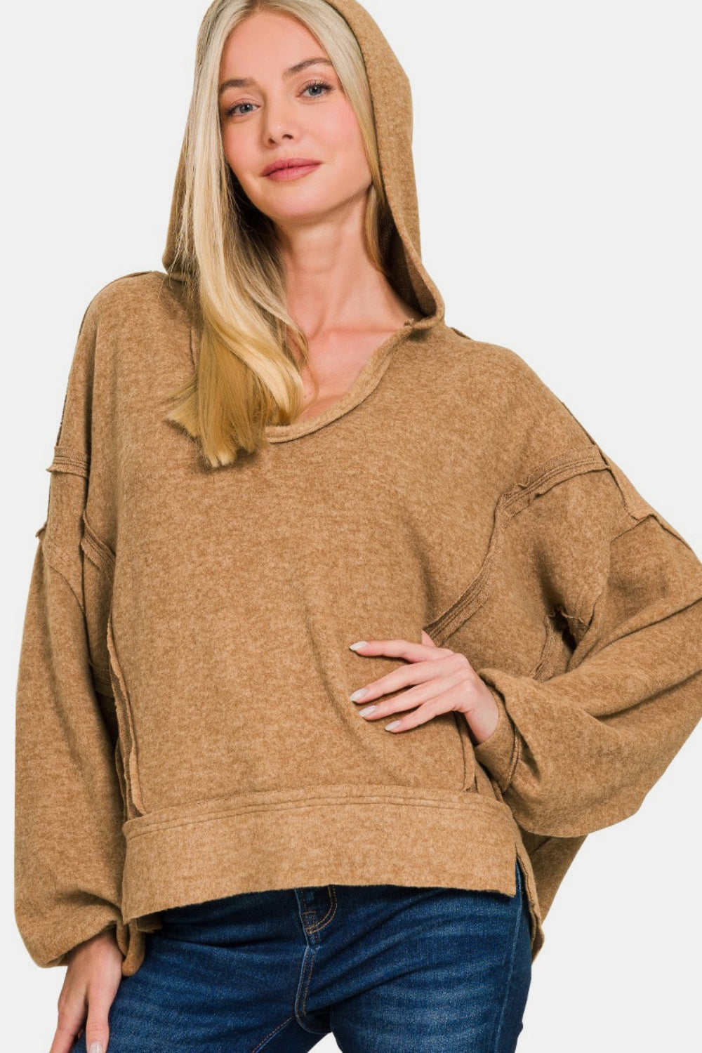 ZENANA Brushed Hacci Exposed Seam Balloon Sleeves Hoodie Sweatshirt | Deep Camel