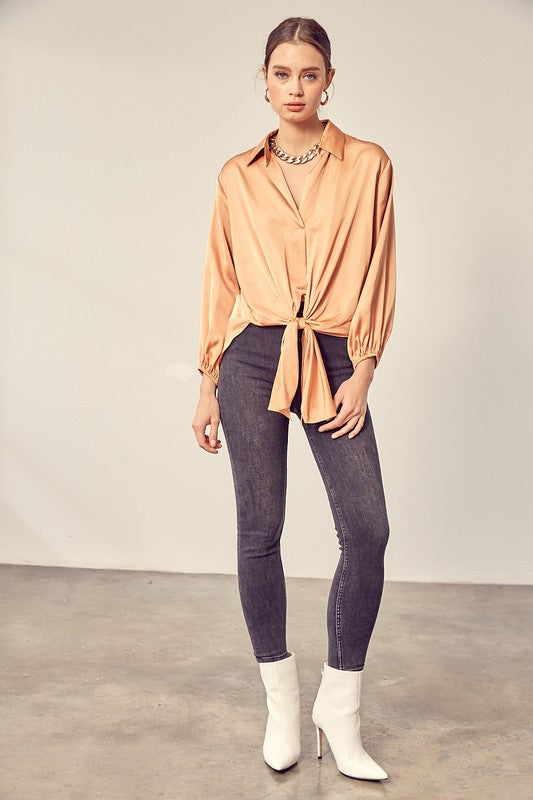MUSTARD SEED Long Sleeves Front Tie Cropped Blouse